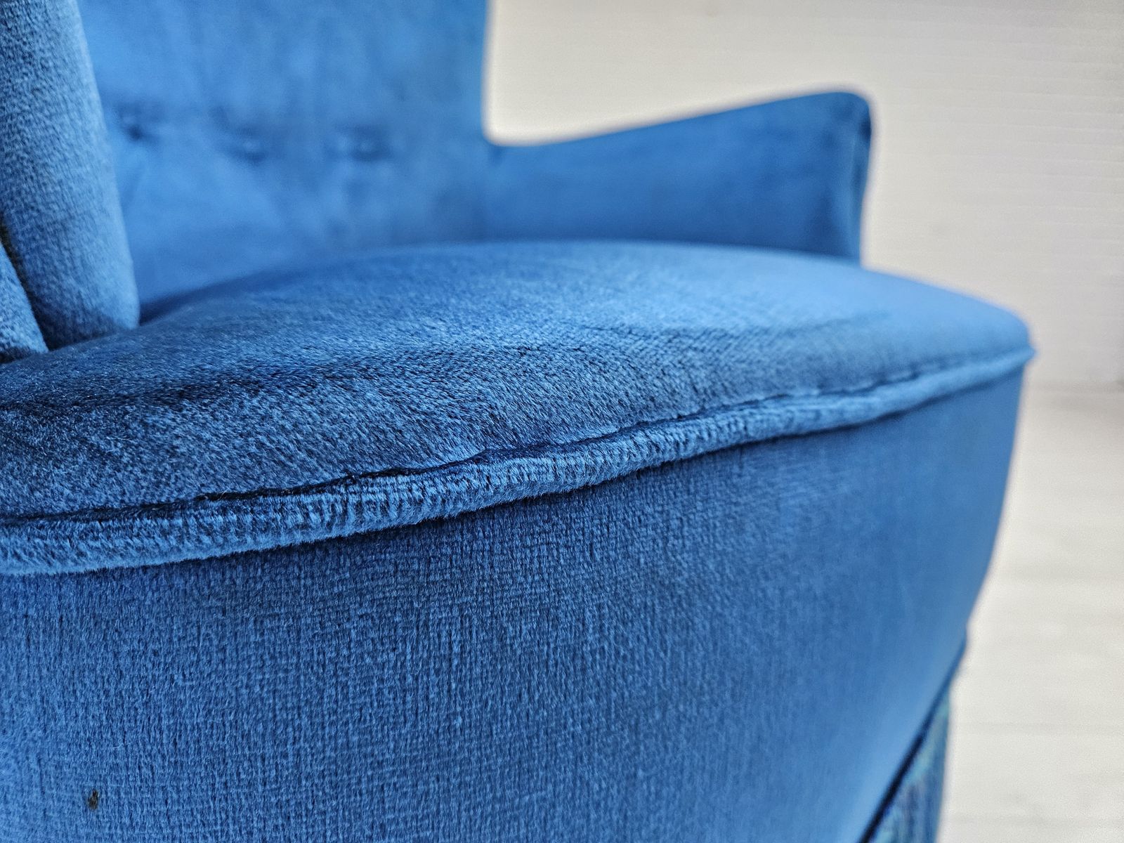 1960s, Danish Lounge Chair, Blue Furniture Velour, Beech Wood Legs. photo vinterior