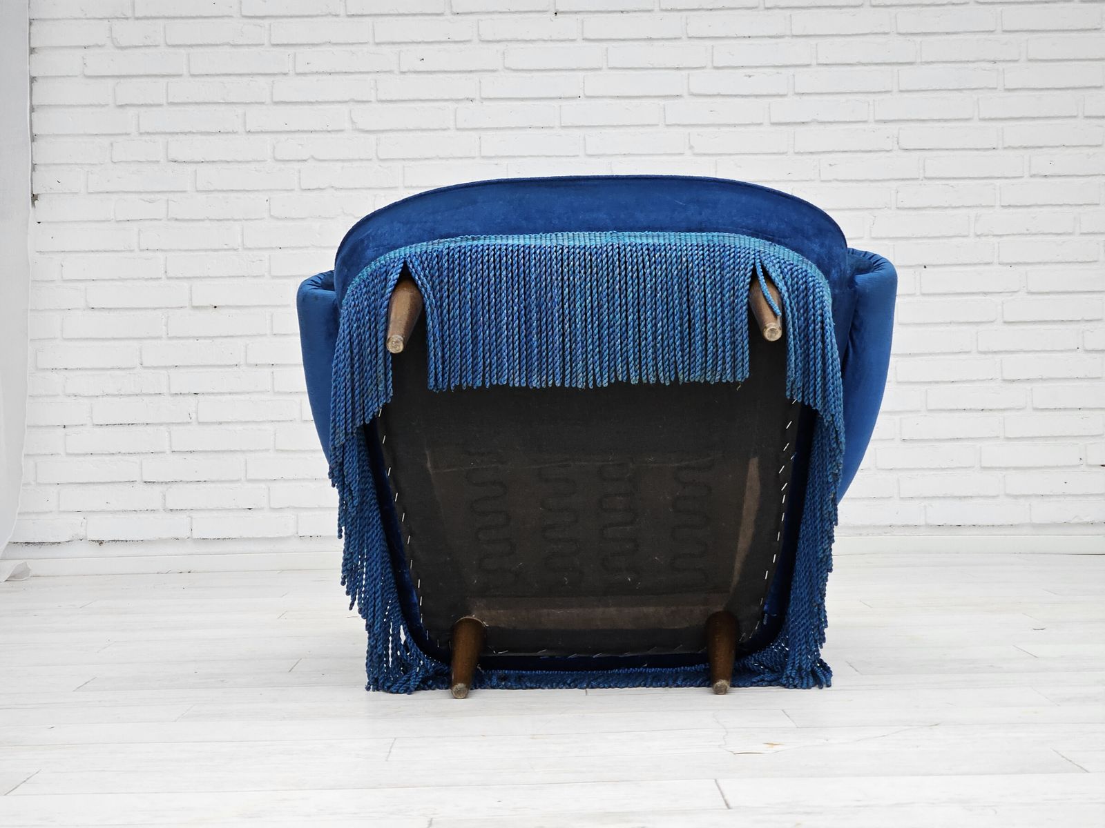 1960s, Danish Lounge Chair, Blue Furniture Velour, Beech Wood Legs. photo vintage