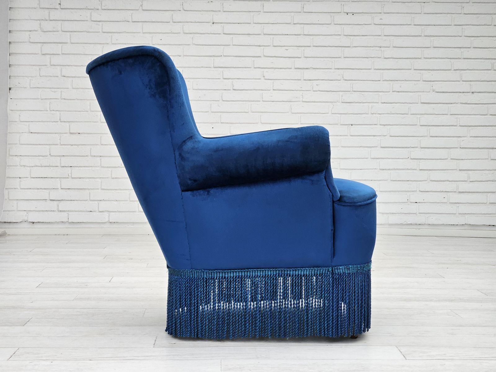 1180.0 1960s, Danish Lounge Chair, Blue Furniture Velour, Beech Wood Legs. photo