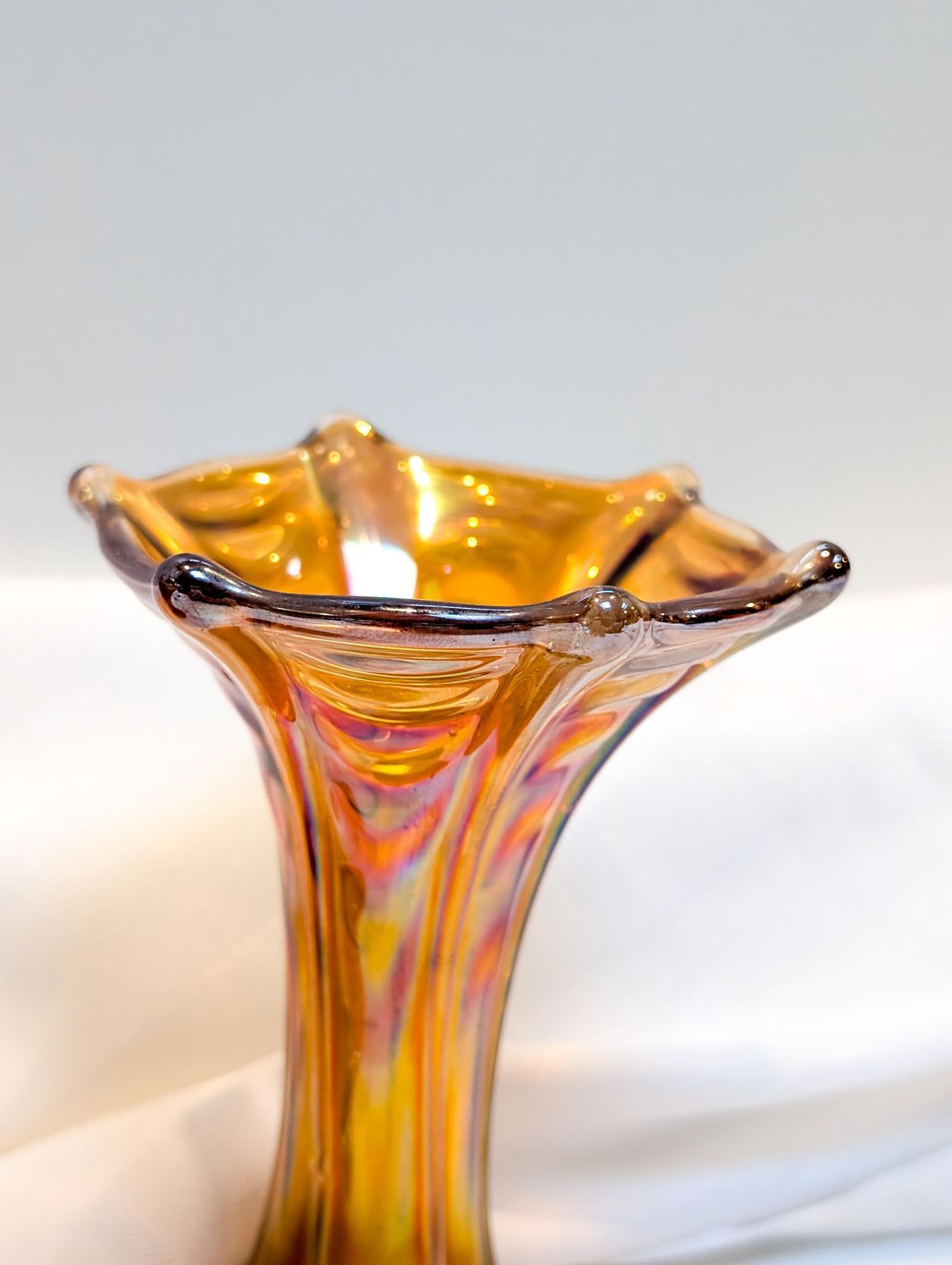 Pair Of Fenton Imperial Marigold Carnival Glass Bud Vases. Collectible Glass, Amber Glass, Vase, Carnival, Fenton, Imperial Mid Century photo vintage