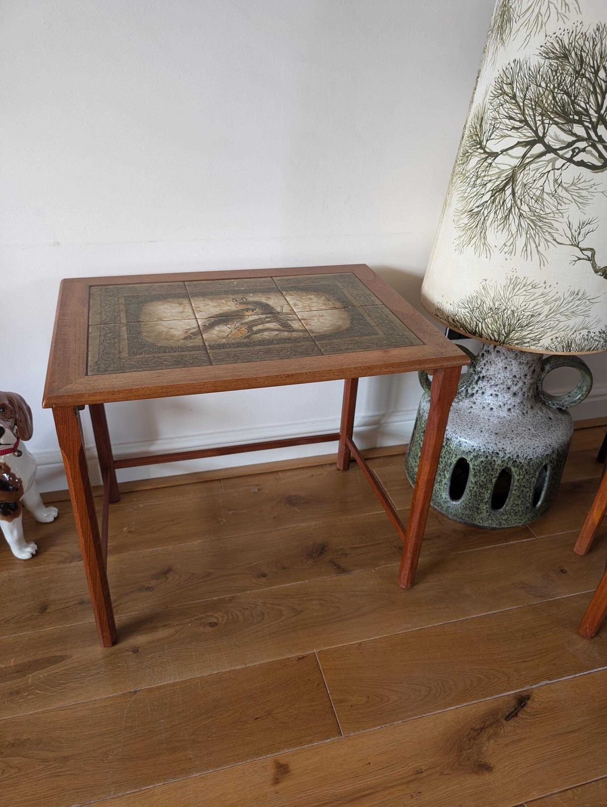 Mid Century 1960s Mobelfabrikkken Toften Danish Nest Of Tiled Top Tables. Amazing Vintage Condition. Mid Century Modern With Bird Design. photo for sale