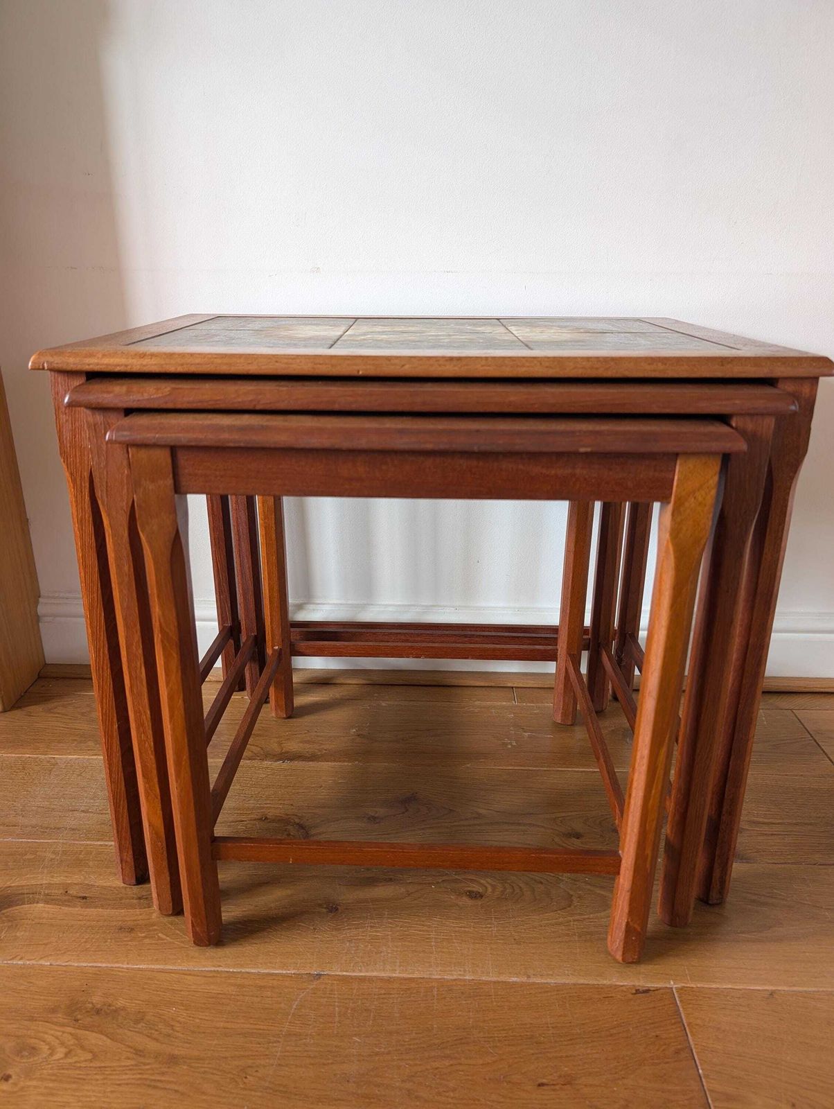 Mid Century 1960s Mobelfabrikkken Toften Danish Nest Of Tiled Top Tables. Amazing Vintage Condition. Mid Century Modern With Bird Design. photo vinterior