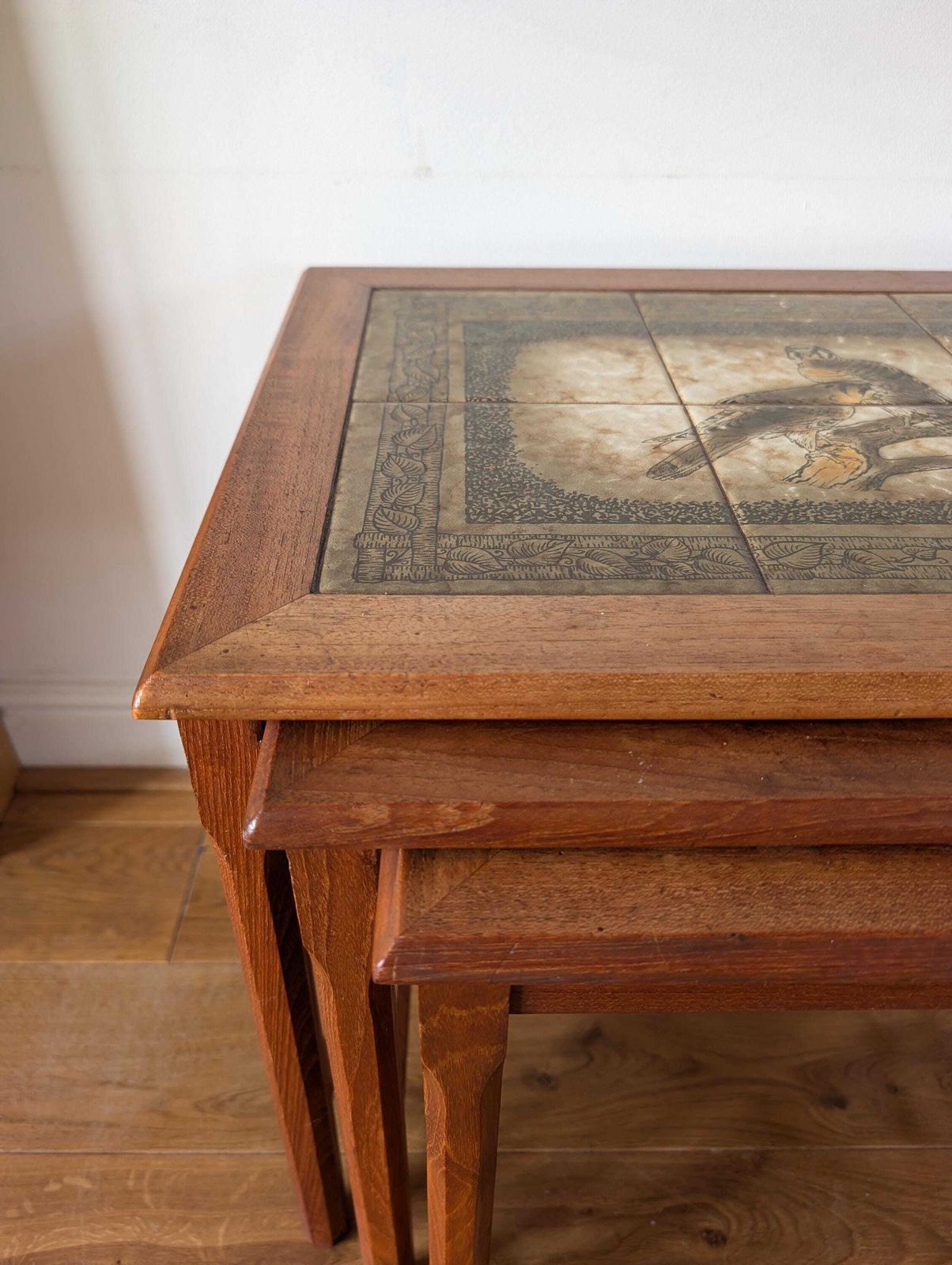 photo furniture Mid Century 1960s Mobelfabrikkken Toften Danish Nest Of Tiled Top Tables. Amazing Vintage Condition. Mid Century Modern With Bird Design.