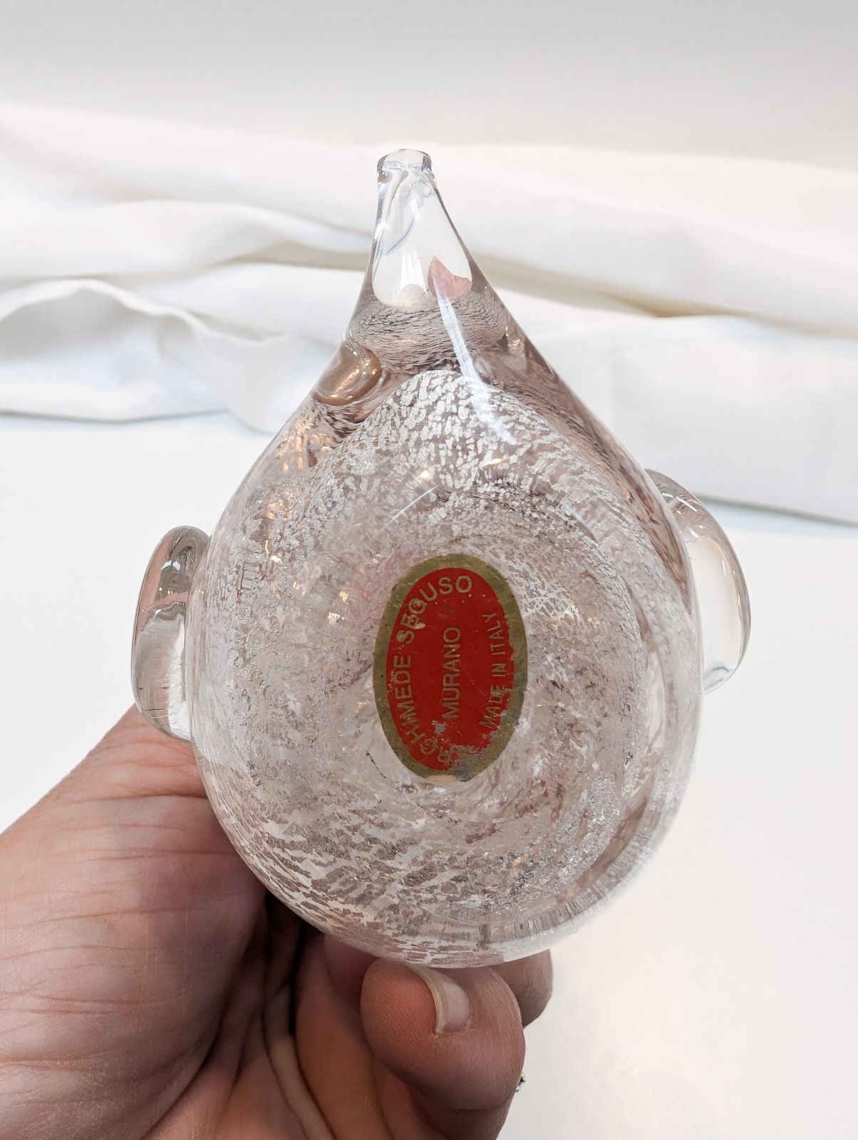 Rare Archimede Seguso 1980s Murano Glass Duck, Perfect Condition, Silver Spangles Throughout. Bubble Glass Effect With Original Red Label. photo furniture