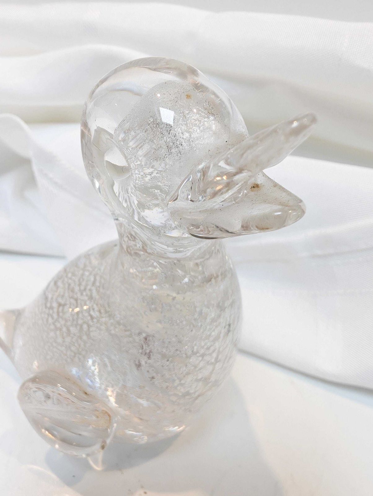 Rare Archimede Seguso 1980s Murano Glass Duck, Perfect Condition, Silver Spangles Throughout. Bubble Glass Effect With Original Red Label. photo for sale