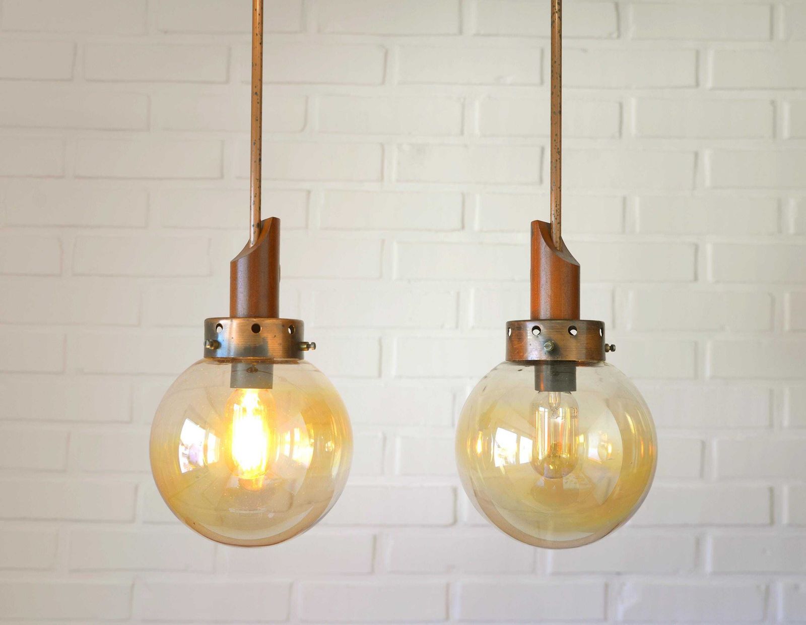 Vintage Pendant Light / Set Of 2 / Mid Century Rustic Lamp / Wooden Hanging Lamp / Yugoslavia 70 / Copper Ceiling Lighting / Farmhouse Lamp photo furniture