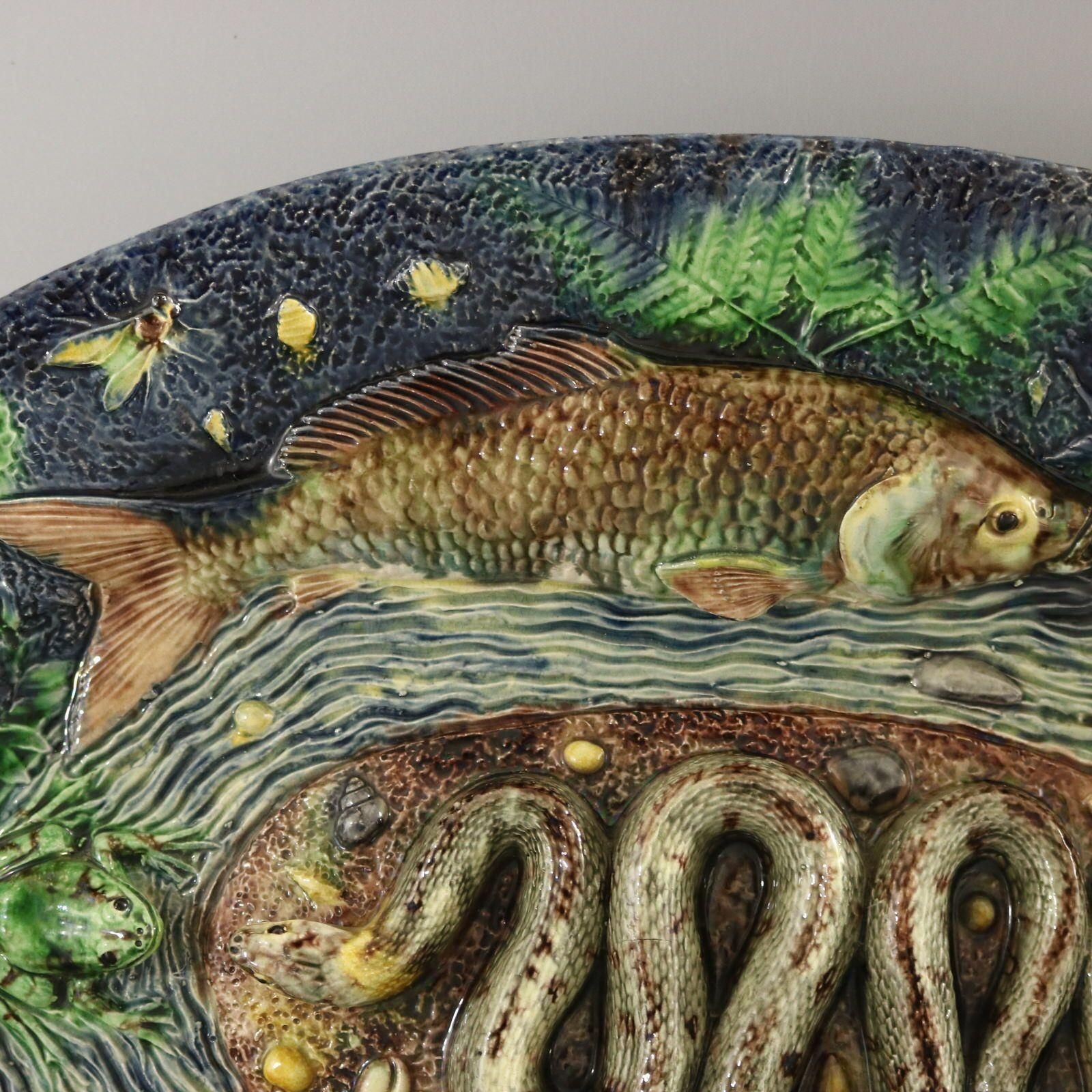 Large School Of Paris Palissy Majolica Wall Platter With Snake And Fish photo for sale