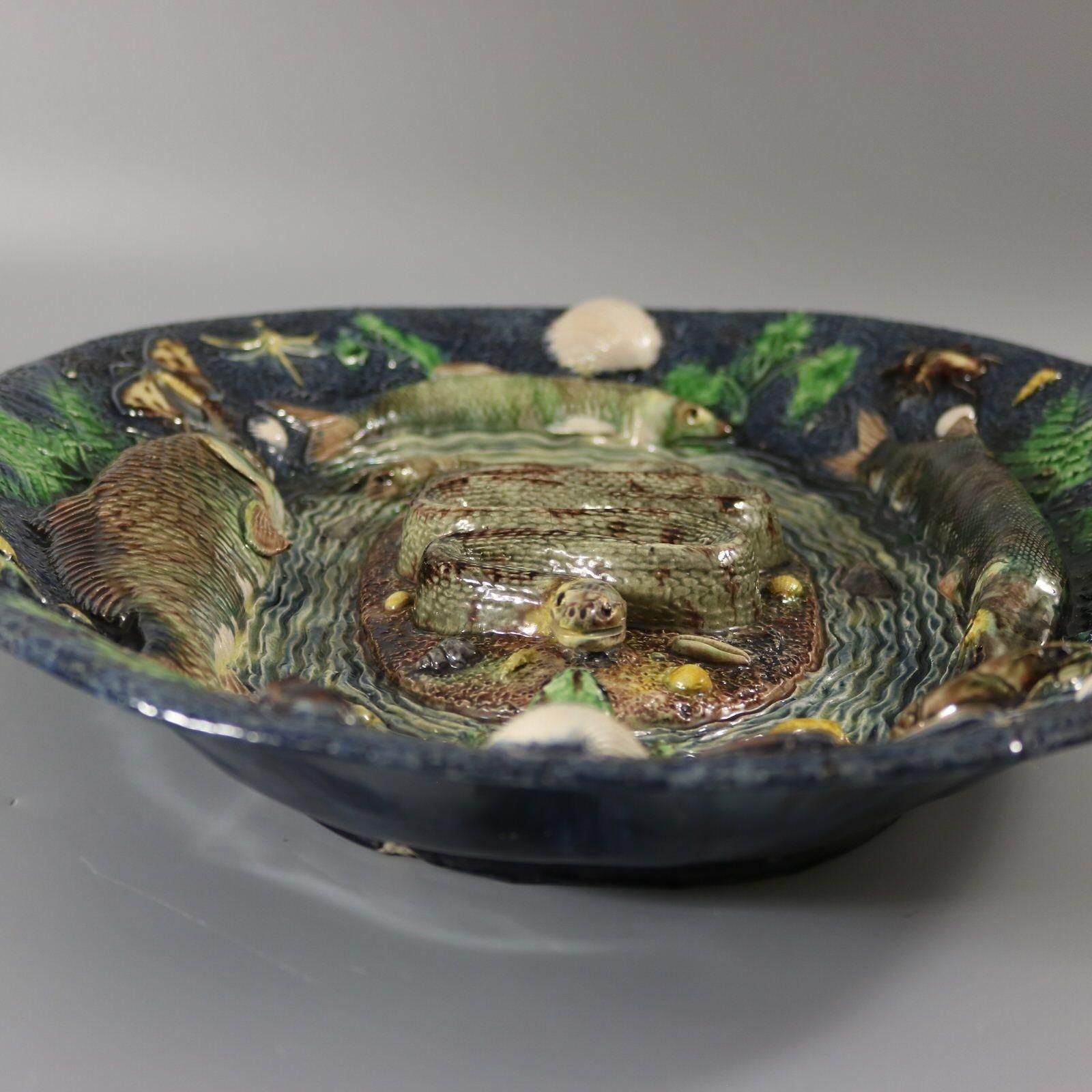 Large School Of Paris Palissy Majolica Wall Platter With Snake And Fish photo vintage