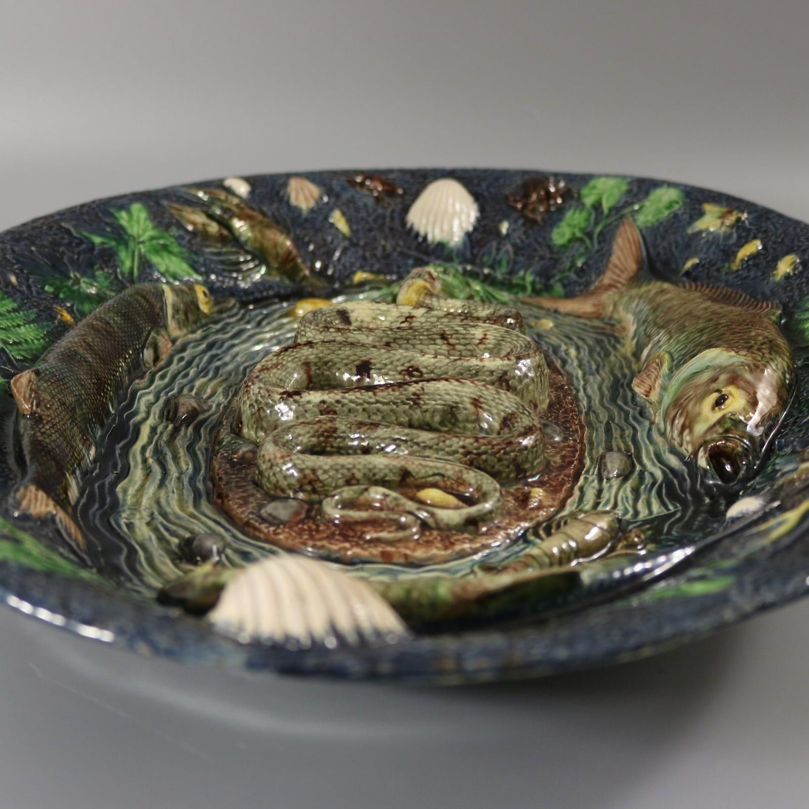 photo furniture Large School Of Paris Palissy Majolica Wall Platter With Snake And Fish