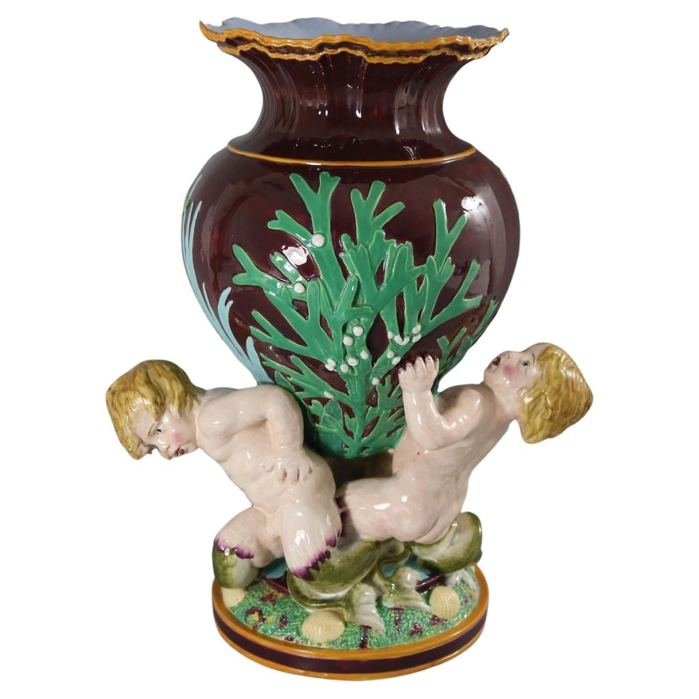 Minton Majolica Marine Vase With Merboys