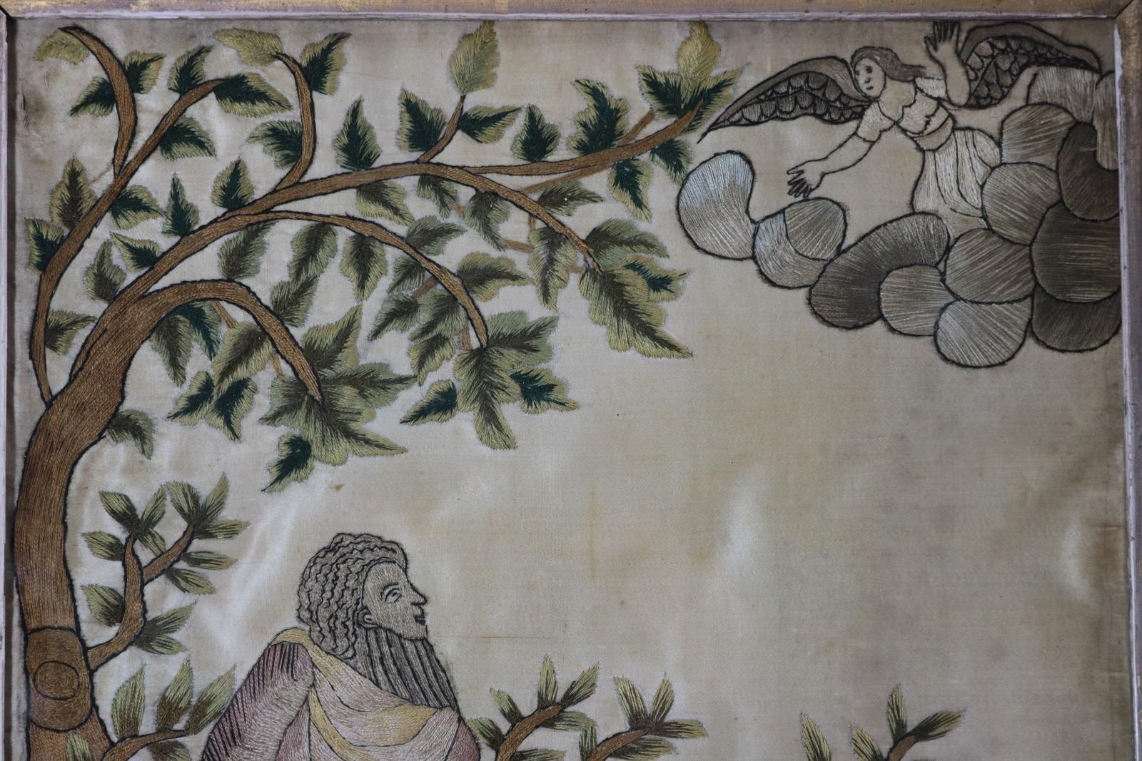 Antique Silkwork Embroidery 'Abraham Offering Up His Son Isaac' photo furniture
