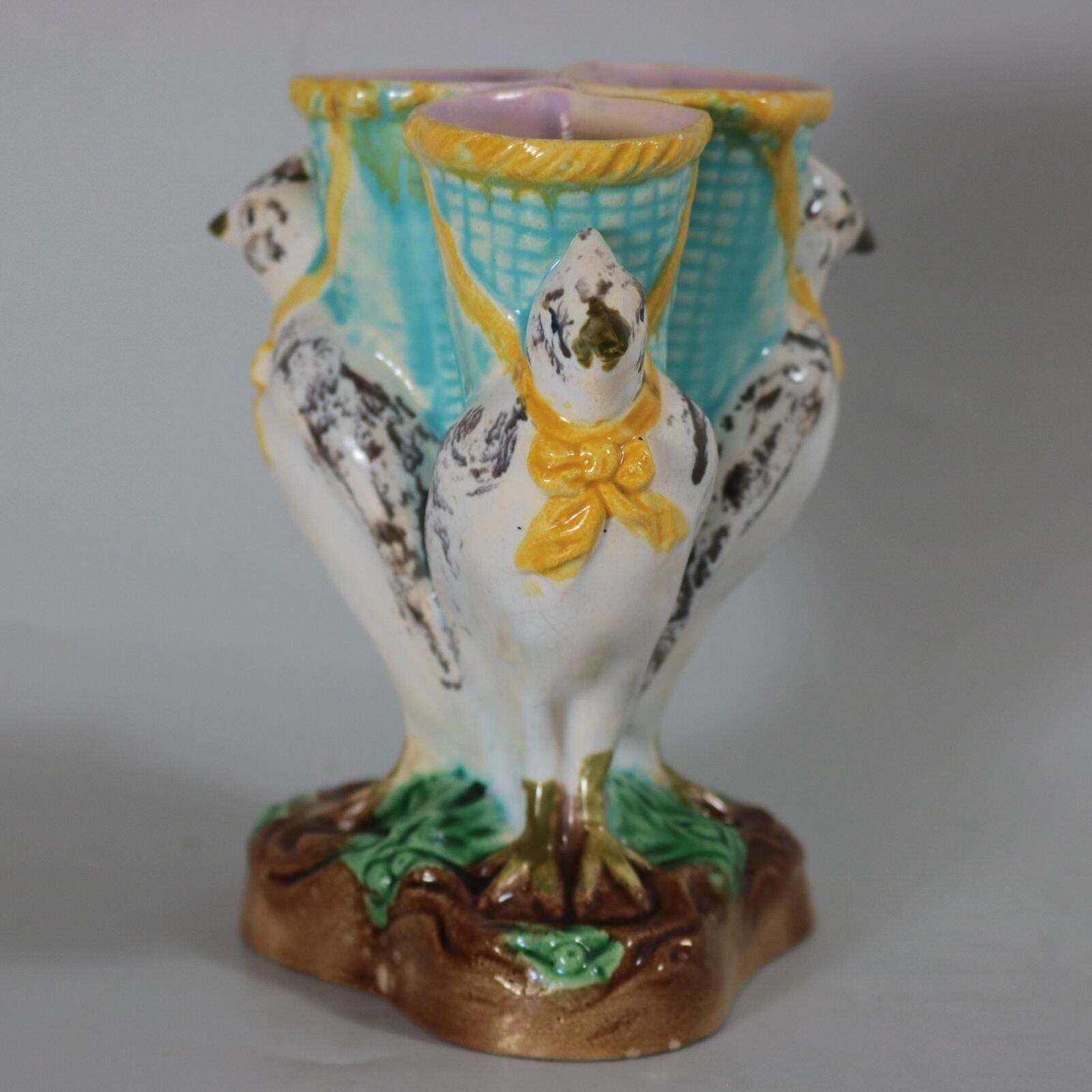 English Majolica Bird Triple Throated Vase photo for sale