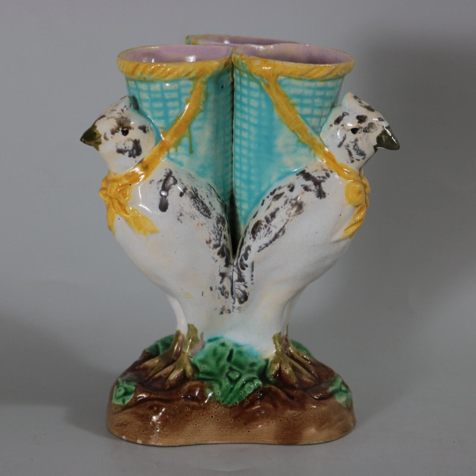 English Majolica Bird Triple Throated Vase photo Home Decor