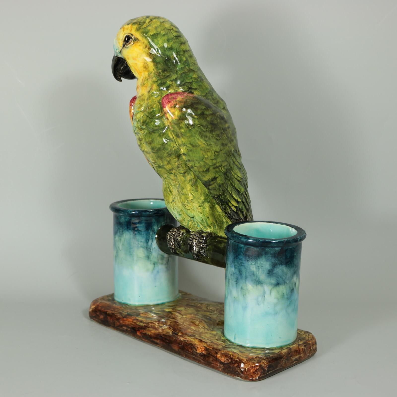 Delphin Massier Majolica Parrot Figural Vase photo furniture