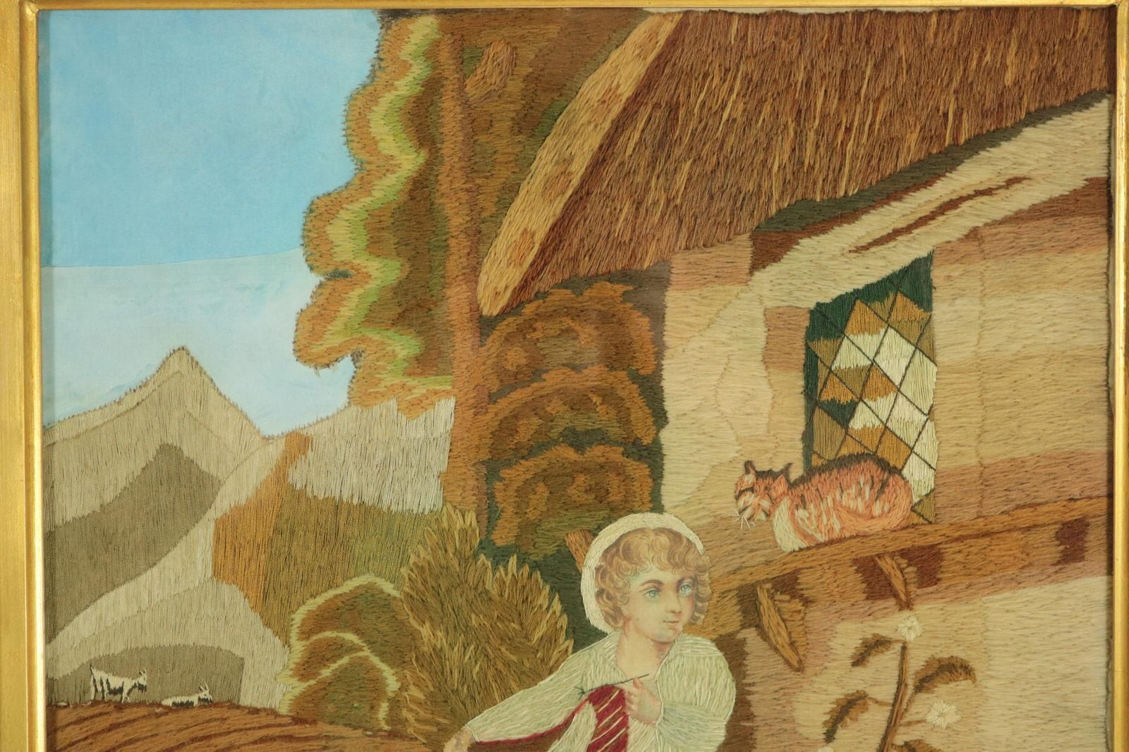 Georgian Woolwork Picture Of Child Playing With Cat photo furniture