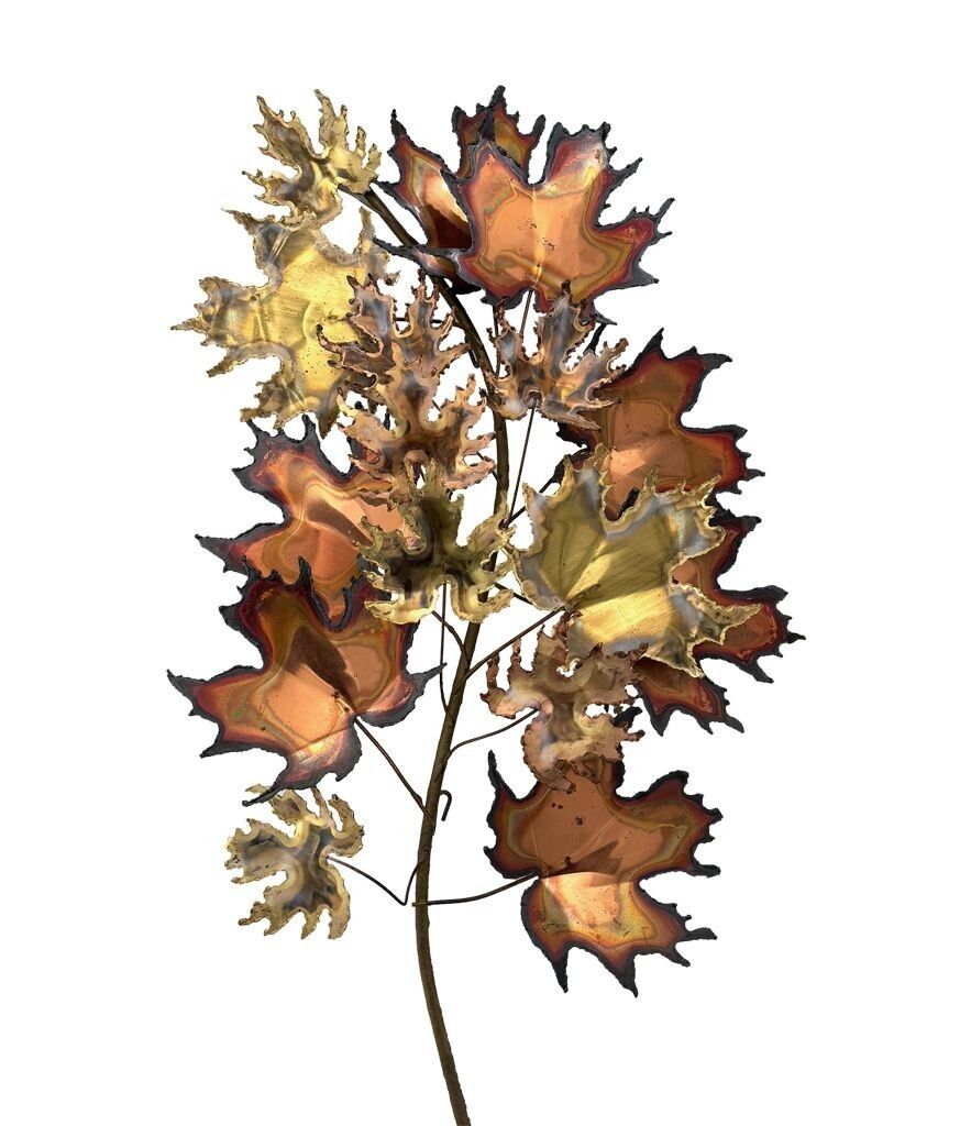 photo for sale A Pair Of Large 1970s Curtis Jere Torch Cut Brass And Bronze Maple Leaf Sculptures