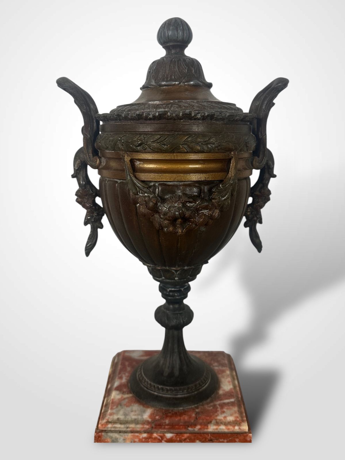photo for sale Pair Of French Spelters Urns On Marble Bases
