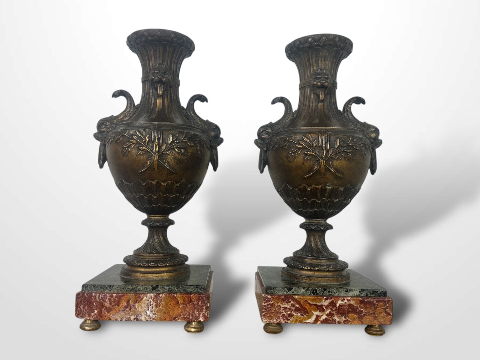 Pair Of French Spelter Vases Urns On Marble Bases photo for sale