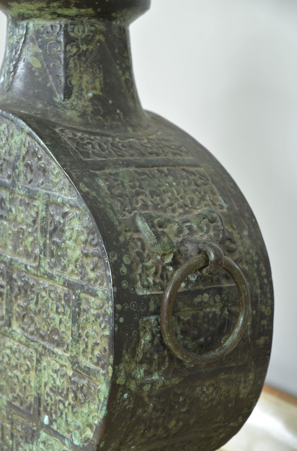 Heavy Chinese Bronze Moonflask Table Lamp Taotie Masks James Mont Han Dynasty Style Midcentury photo for sale
