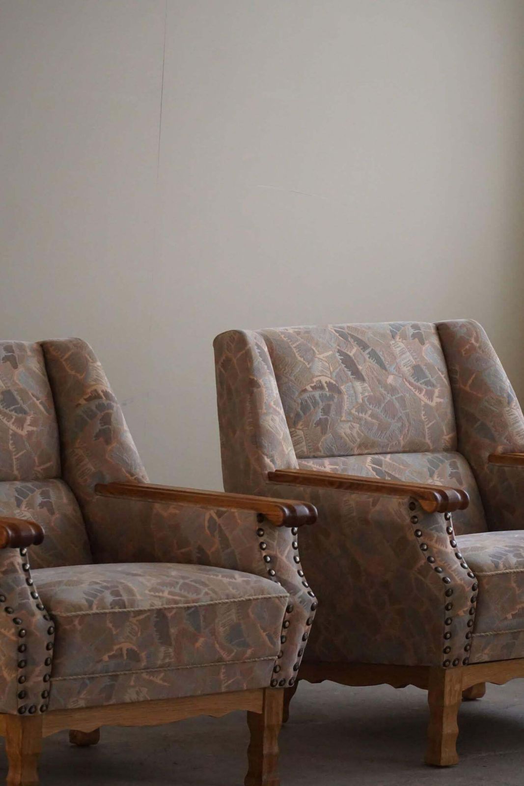 Furniture Danish Mid Century Modern, Pair Of Armchairs In Oak & Original Fabric, 1960s photo
