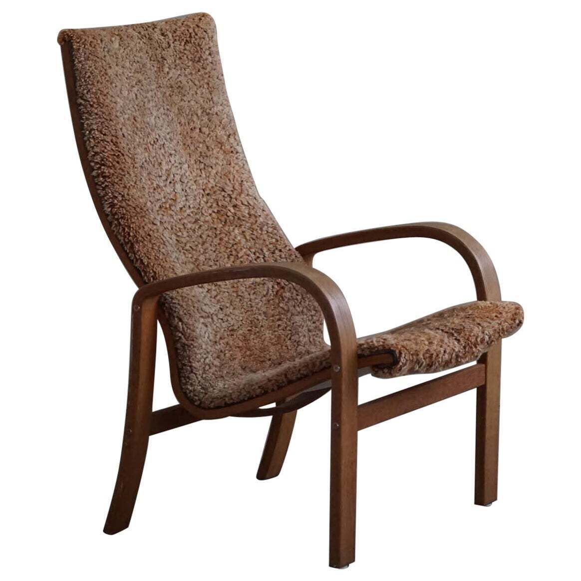 Swedish Mid Century Modern, Highback Armchair In Oak & Lambswool, 1960s