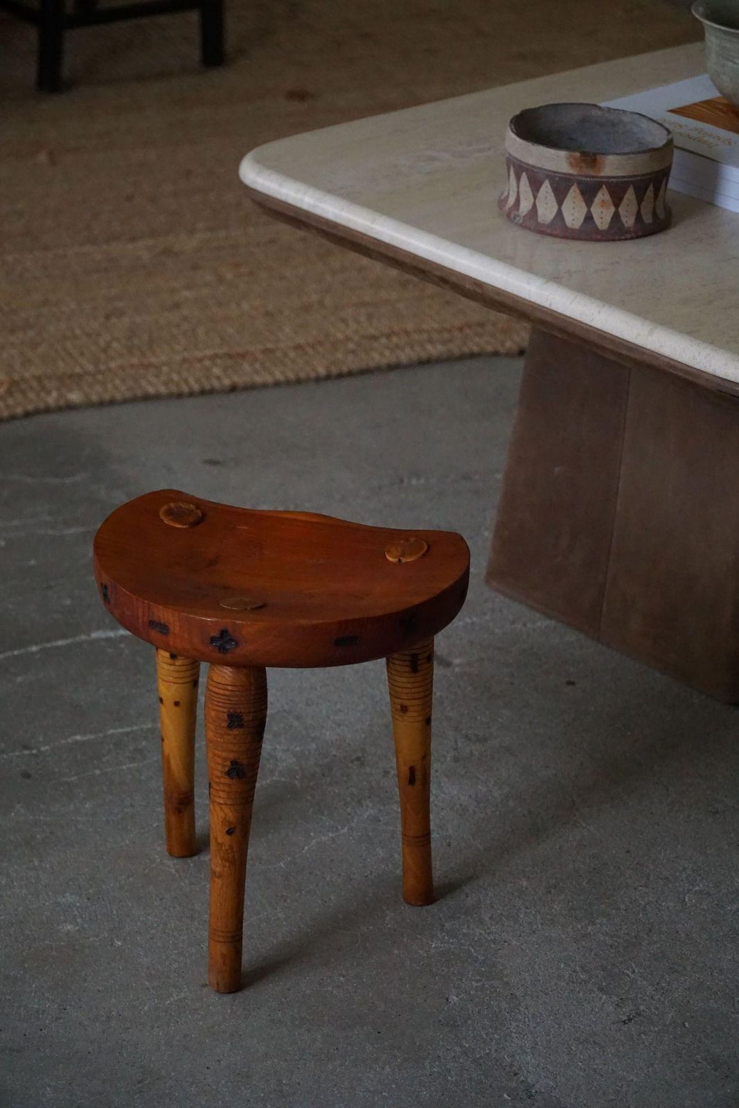 Primitive Tripod Stool In Solid Pine, Swedish Modern, Ca 1950s photo for sale