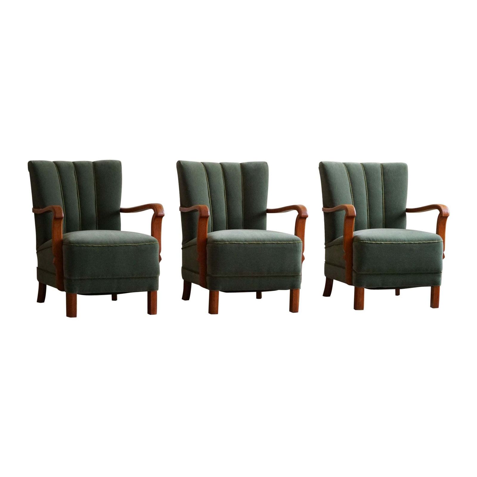 Danish Art Deco, Set Of 3 Armchairs In Oak, Reupholstered In Green Mohair, 1930s