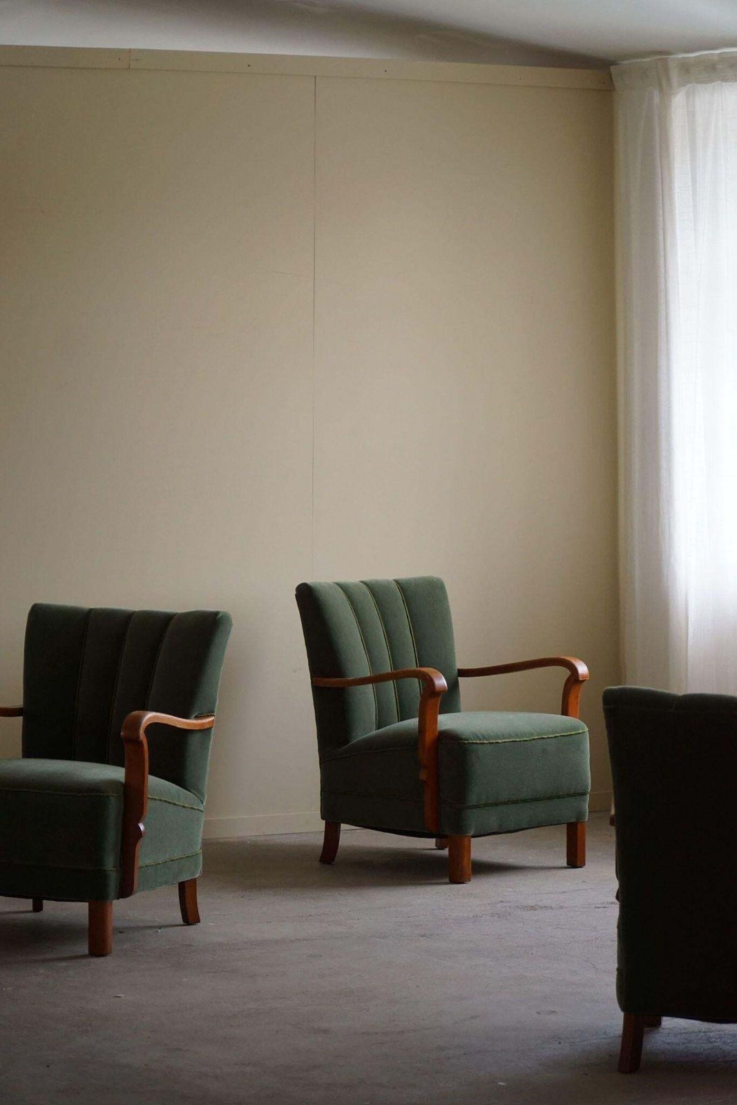 Danish Art Deco, Set Of 3 Armchairs In Oak, Reupholstered In Green Mohair, 1930s photo for sale