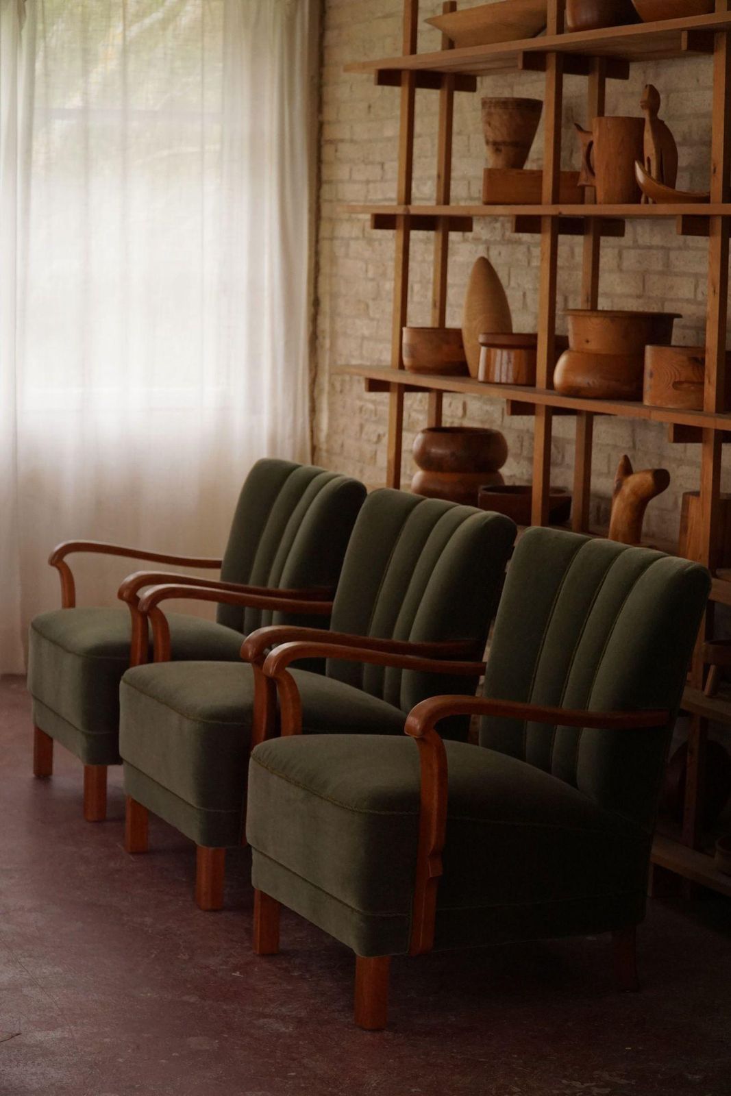 Danish Art Deco, Set Of 3 Armchairs In Oak, Reupholstered In Green Mohair, 1930s photo vintage