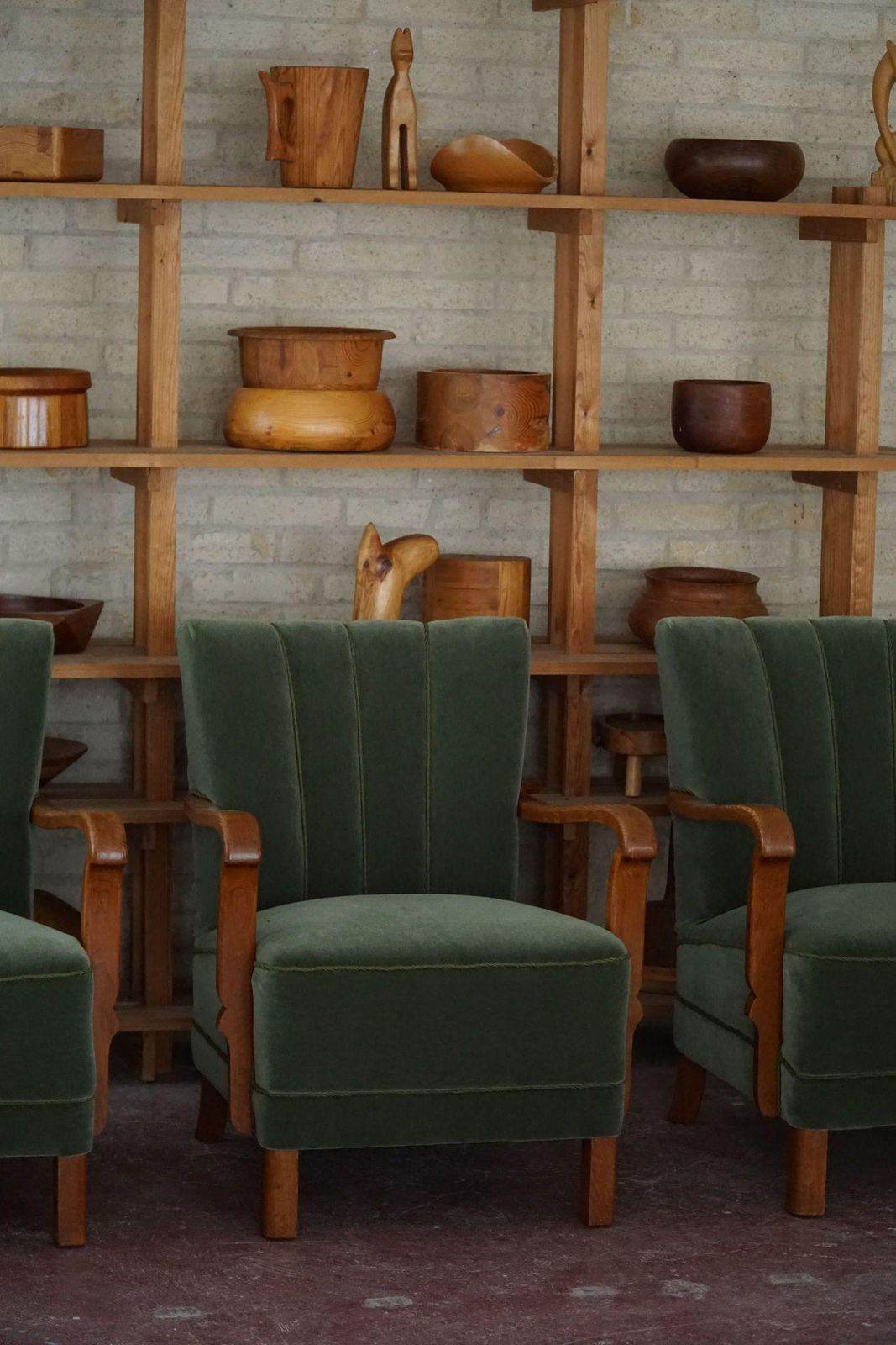 photo furniture Danish Art Deco, Set Of 3 Armchairs In Oak, Reupholstered In Green Mohair, 1930s