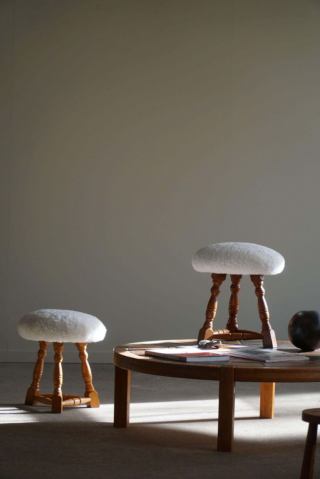 Danish Modern, A Pair Of Tripod Stools, Reupholstered Seats In Lambswool, 1950s photo Furniture