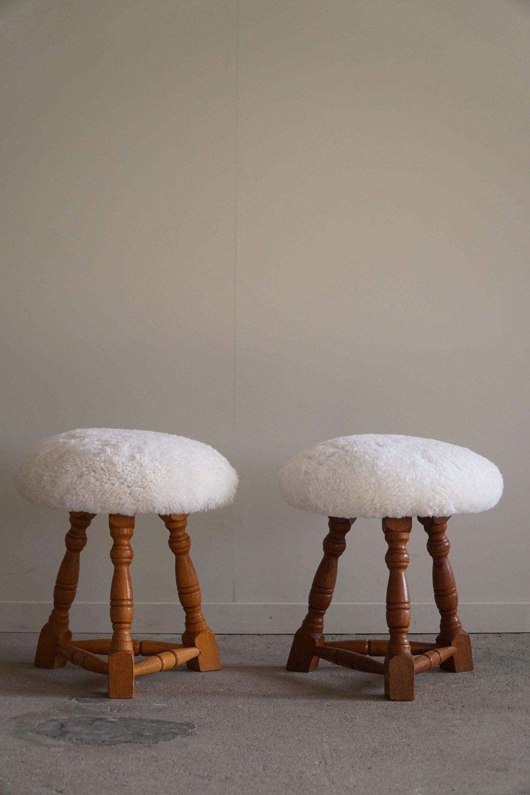 Danish Modern, A Pair Of Tripod Stools, Reupholstered Seats In Lambswool, 1950s photo 1033.0