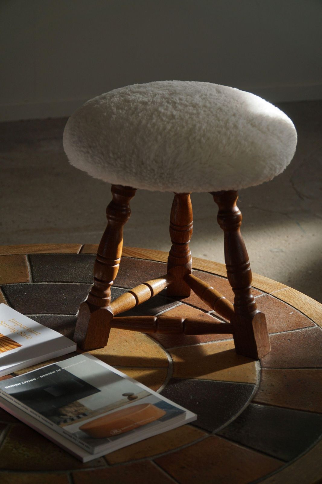 Danish Modern, A Pair Of Tripod Stools, Reupholstered Seats In Lambswool, 1950s photo vintage