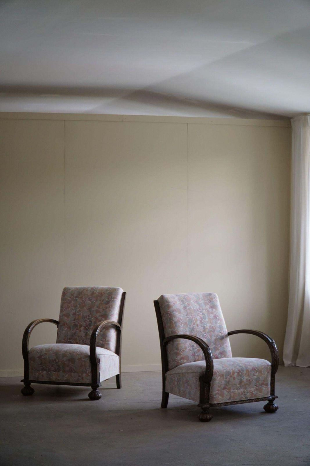 Pair Of Danish Art Deco Lounge Chairs, Oak & Vibrant Flora Fabric, 1940s photo furniture