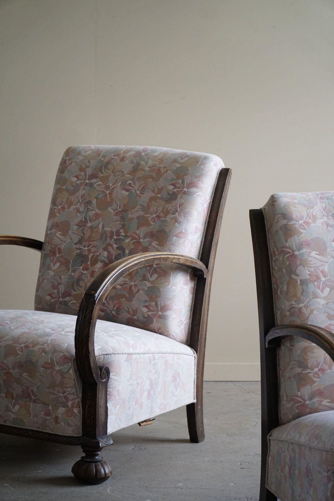 photo buy Pair Of Danish Art Deco Lounge Chairs, Oak & Vibrant Flora Fabric, 1940s