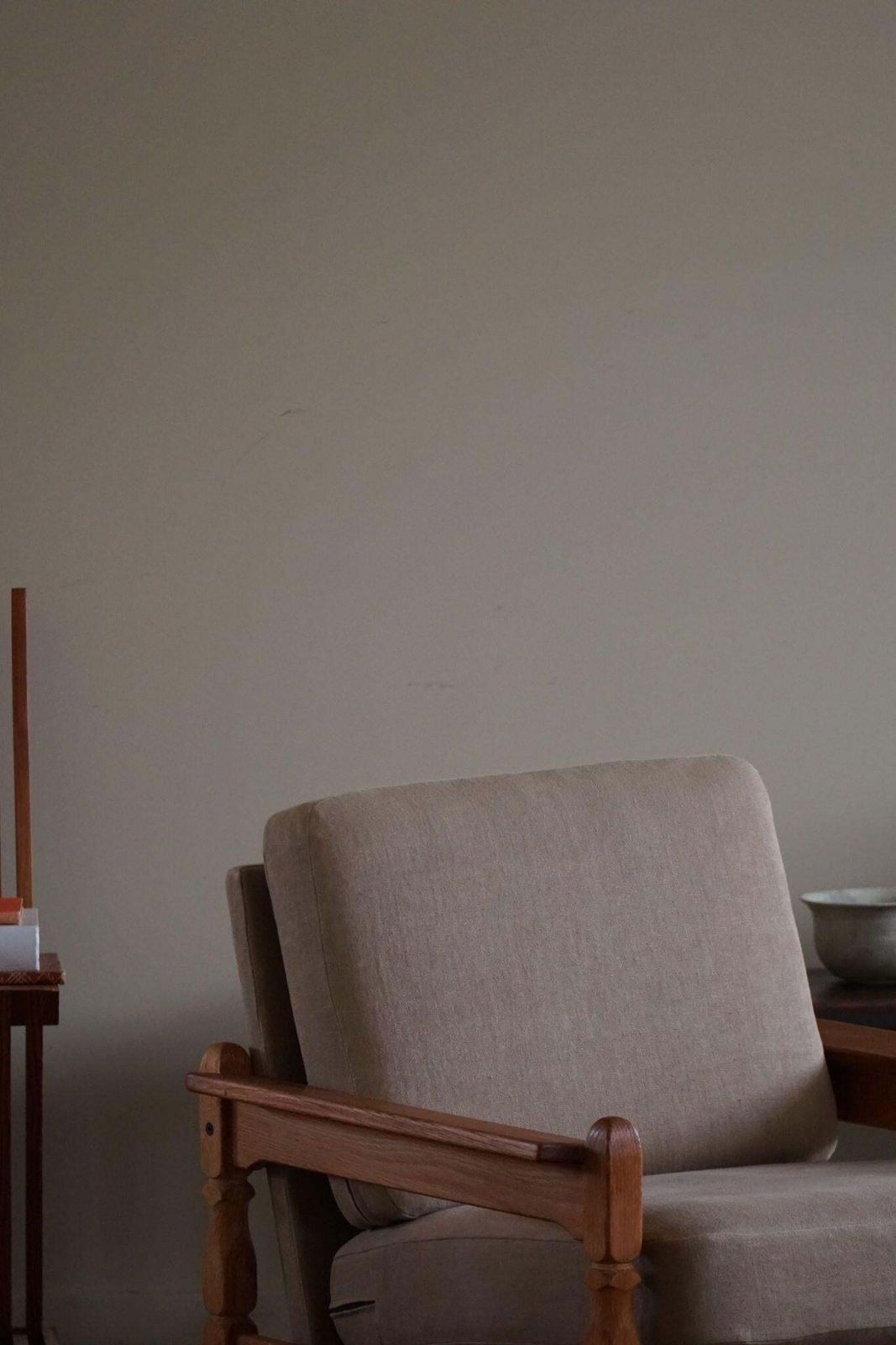 Furniture Danish Modern, Pair Of Lounge Chairs In Oak & Linen, Henning Kjærnulf, 1960s photo