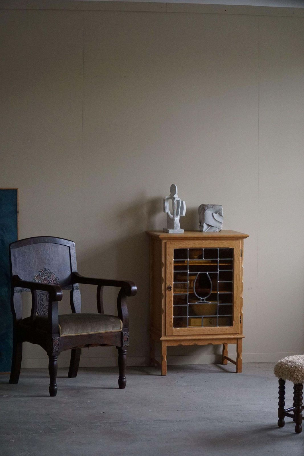 Mid Century, Small Oak Cabinet With Glass Front, Danish Cabinetmaker, 1960s photo furniture