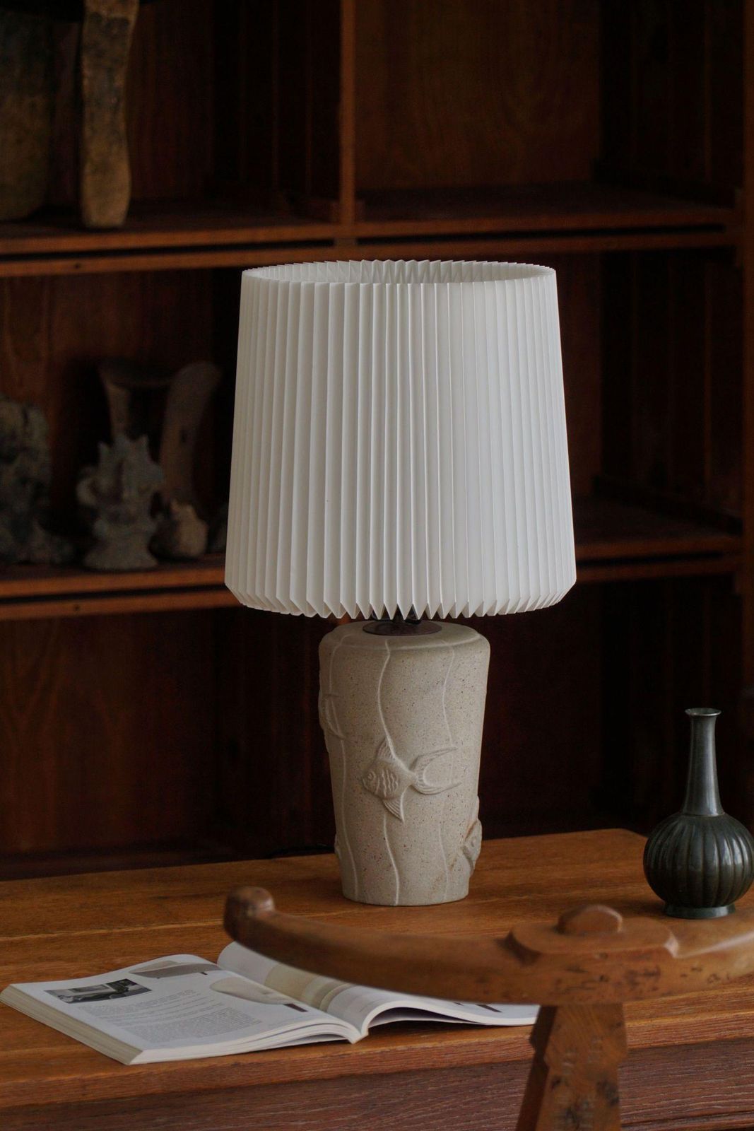 French Modern, A Vintage Table Lamp In Stone With Fish Motifs, 1970s photo for sale