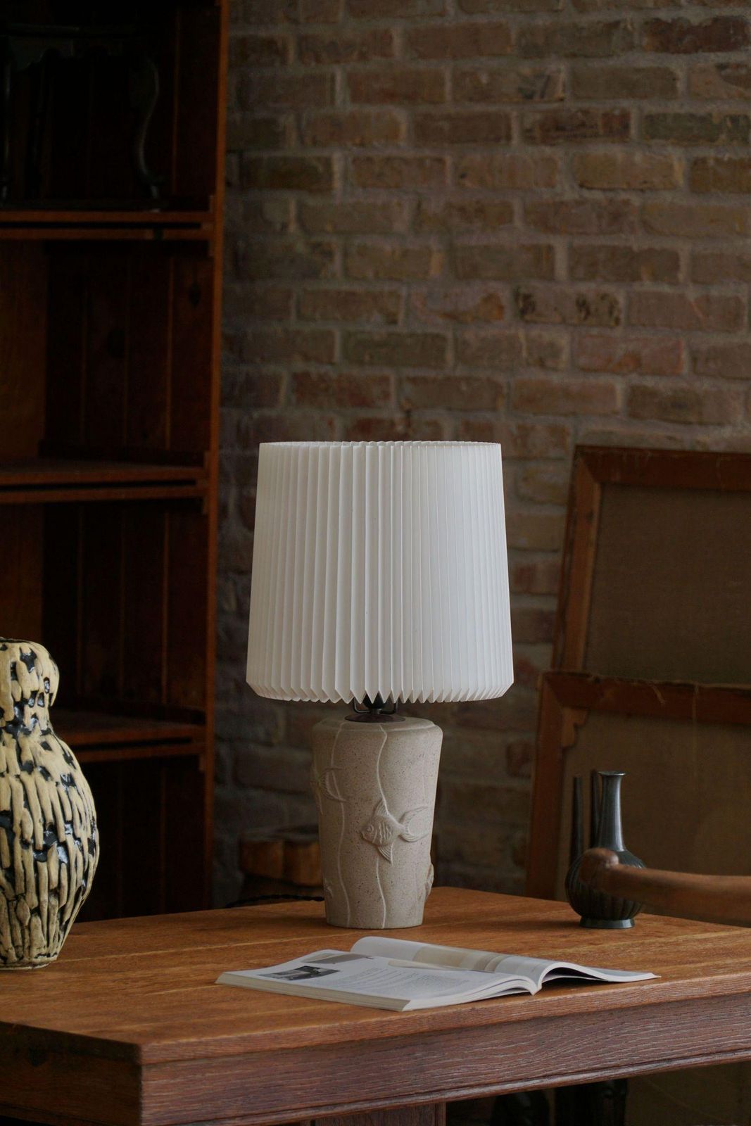 photo buy French Modern, A Vintage Table Lamp In Stone With Fish Motifs, 1970s