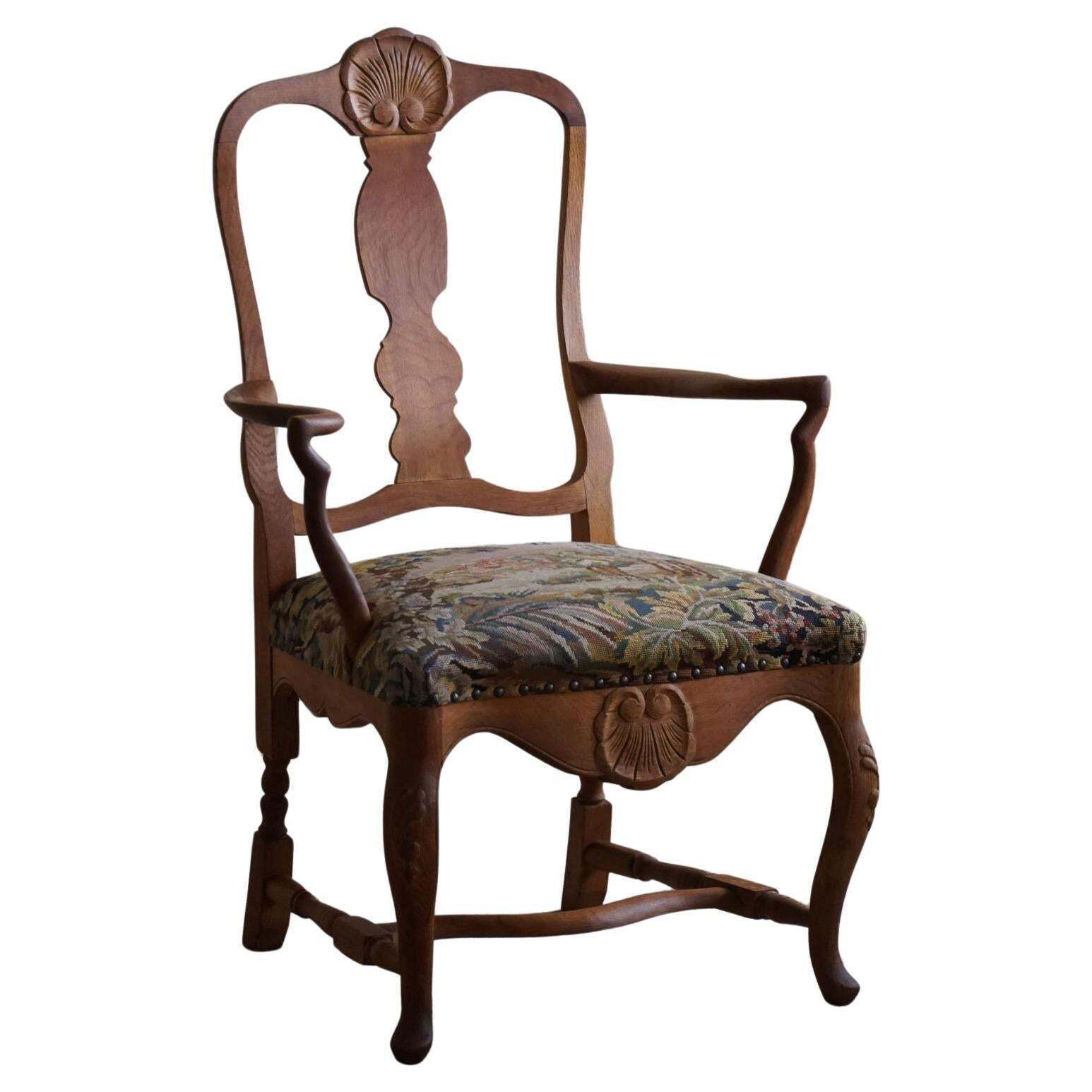 Classic Baroque Style Armchair In Oak, Made By A Danish Cabinetmaker, 1930s