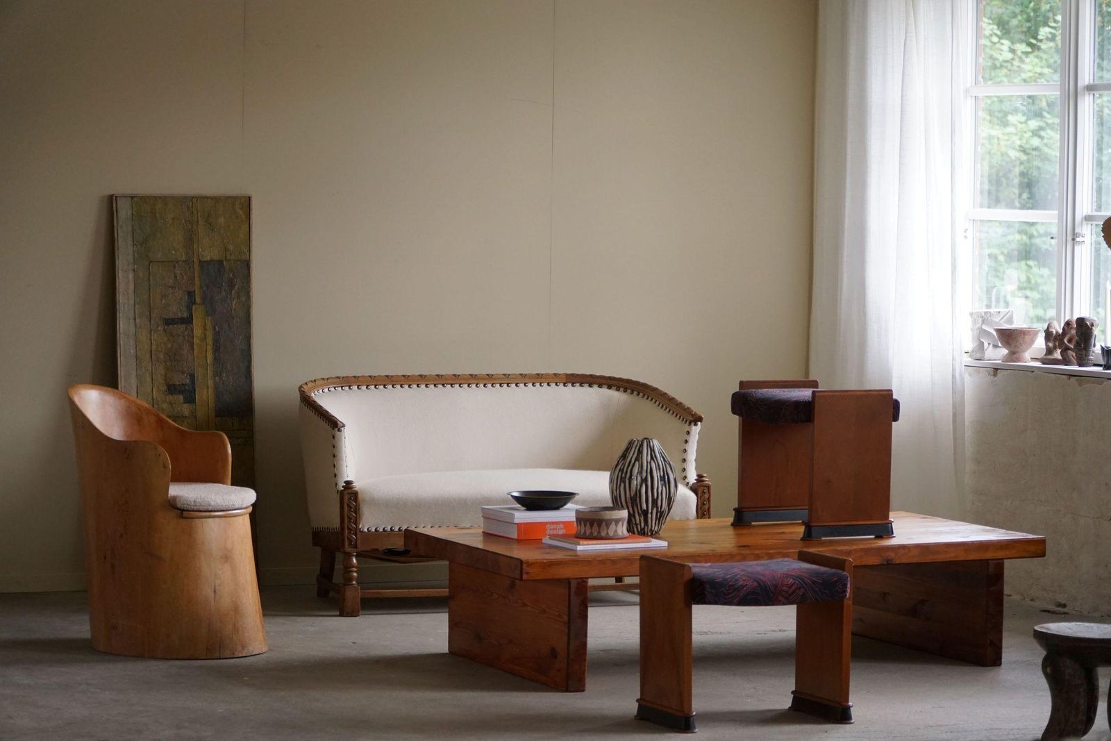 Sculptural 2 Seater Sofa In Oak & Wool, Danish "Skønvirke" Style, 1920s photo Furniture