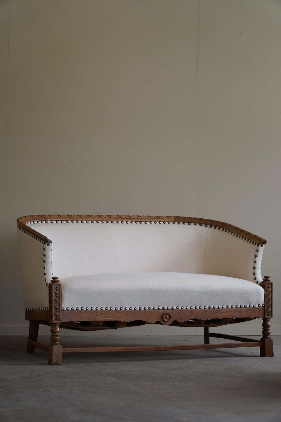 photo for sale Sculptural 2 Seater Sofa In Oak & Wool, Danish "Skønvirke" Style, 1920s