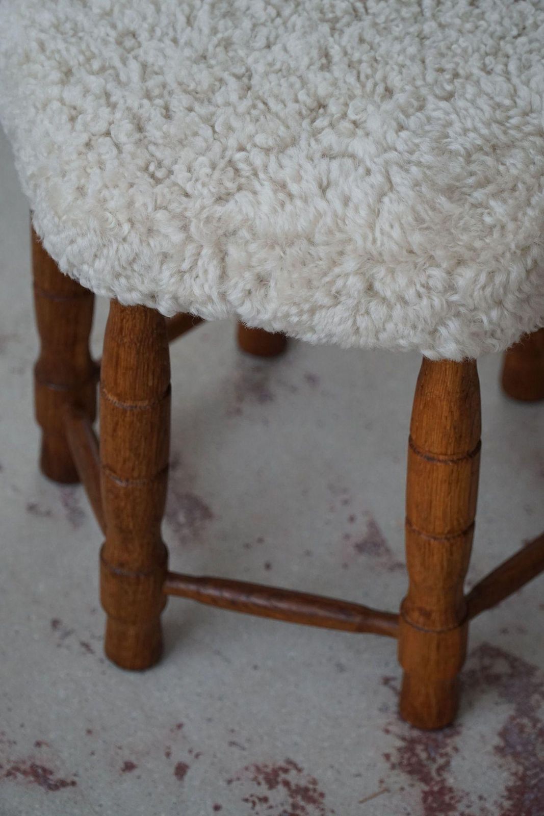 photo for sale Danish Modern, A Hexagon Stool In Oak, Reupholstered Seat In Lambswool, 1950s