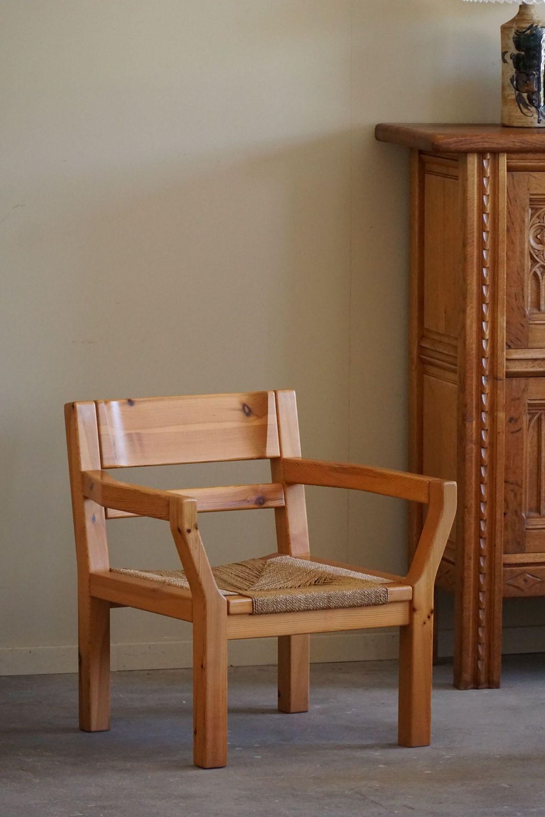 Tage Poulsen, A Pair Of Brutalist Chairs In Pine & Cord, Danish Modern, 1970s photo for sale