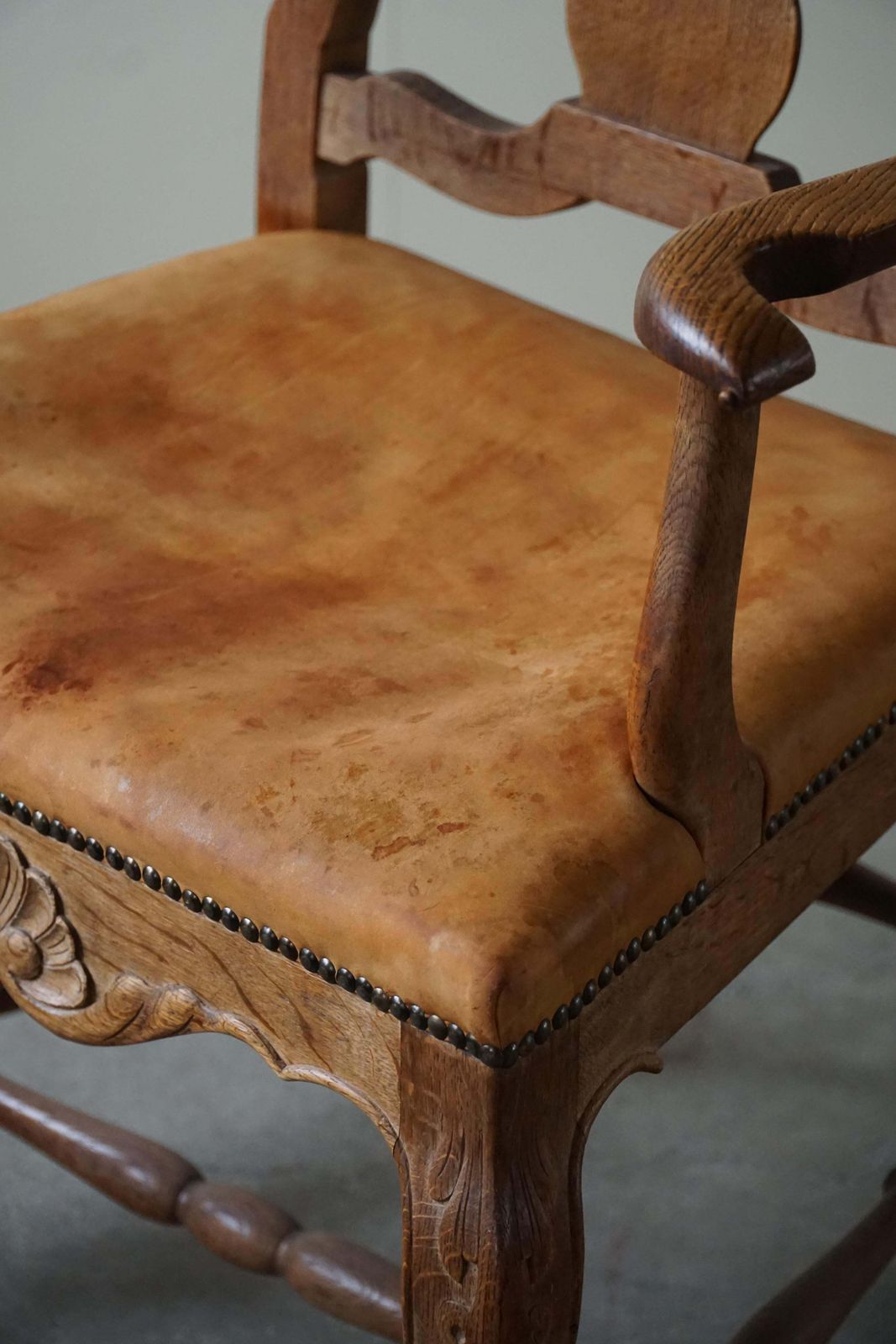 Sculptural Vintage Armchair In Oak And Leather, Danish Modern, 1940s photo buy