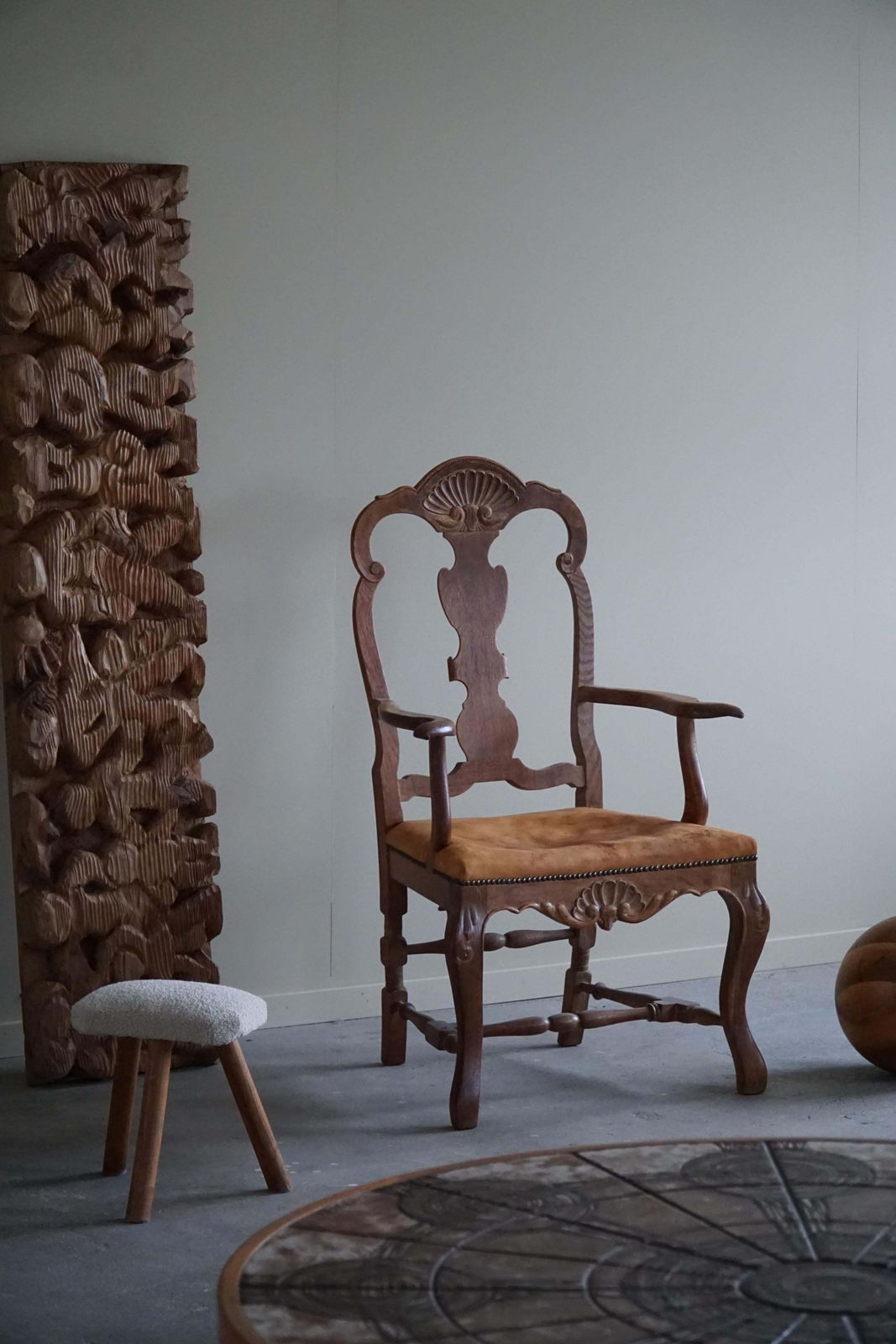 Furniture Sculptural Vintage Armchair In Oak And Leather, Danish Modern, 1940s photo