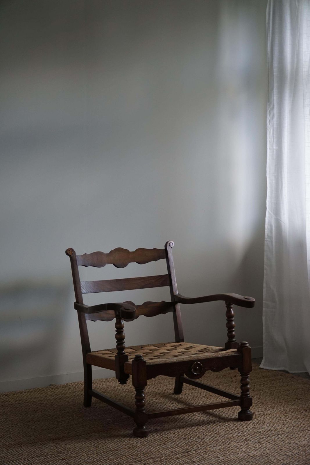 A Pair Of Danish Modern, Sculptural Vintage Armchair In Oak And Papercord, 1940s photo furniture