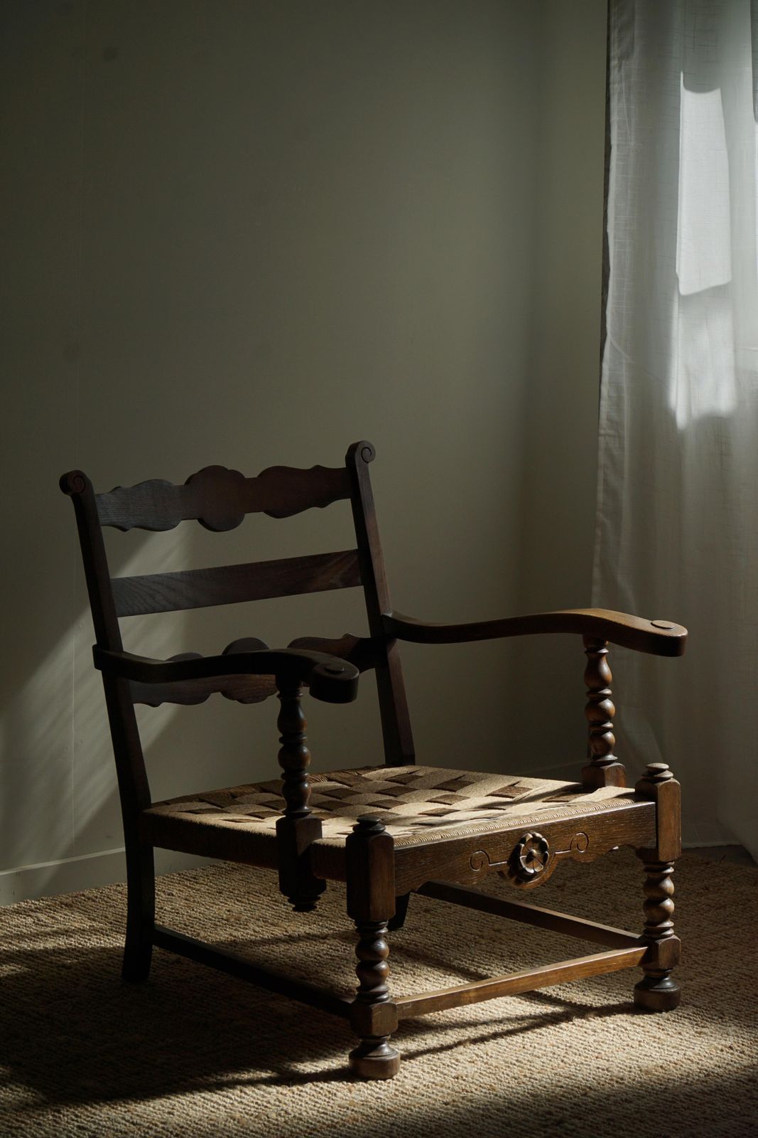 A Pair Of Danish Modern, Sculptural Vintage Armchair In Oak And Papercord, 1940s photo for sale
