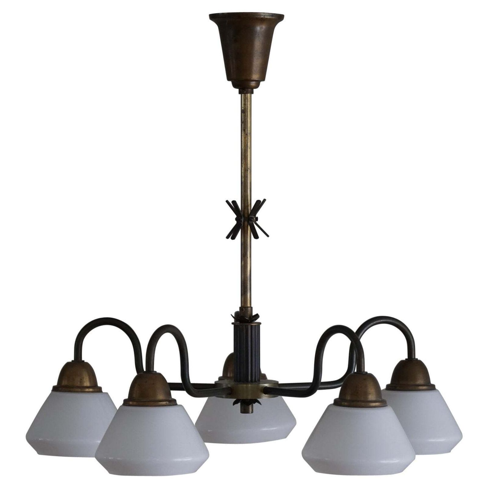 A Danish Modern 5 Headed Chandelier In Opal Glass & Brass, Art Deco, 1940s