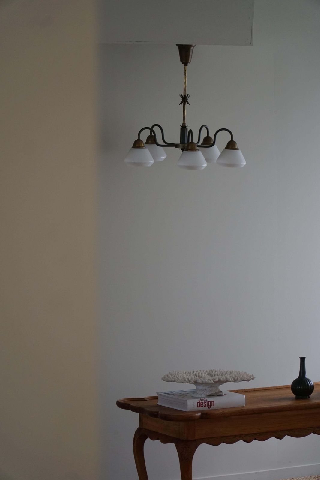 photo furniture A Danish Modern 5 Headed Chandelier In Opal Glass & Brass, Art Deco, 1940s